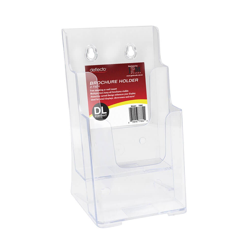 Deflecto Durable Clear Polystyrene Plastic Curved 2 Compartment Brochure Holder