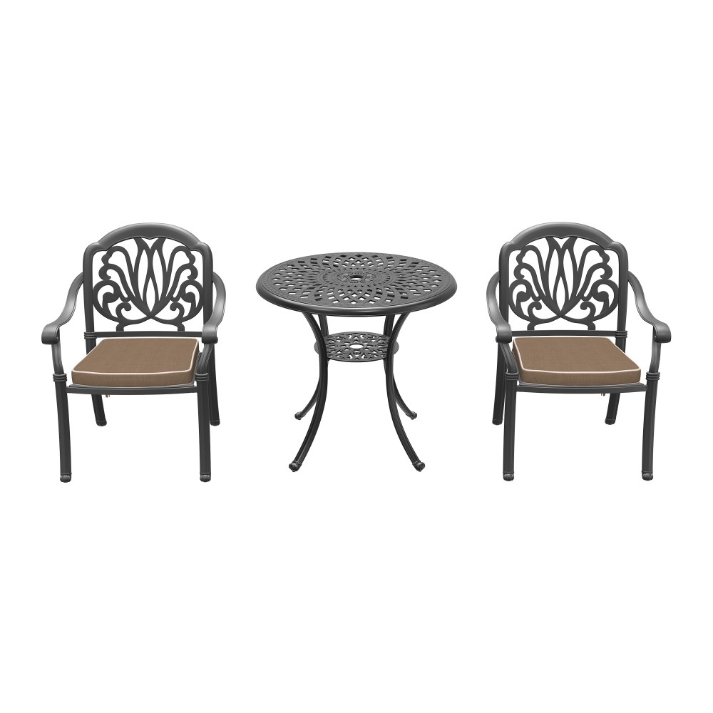 3pc Patio Dining Set w/ Brown Cushions, Aluminium, Rust & Water Resistant