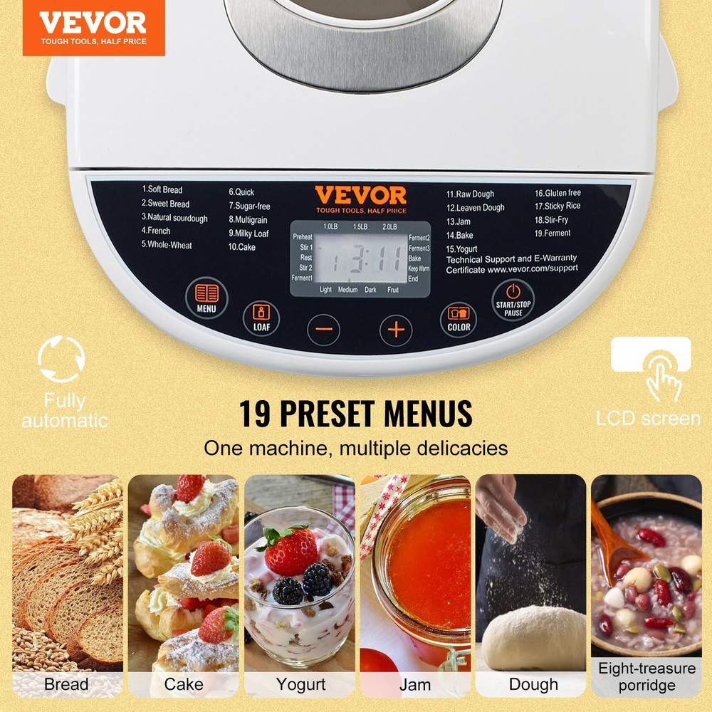 Bread Maker, 19-in-1 2LB Dough Machine, Nonstick Ceramic Pan Automatic Breadmake