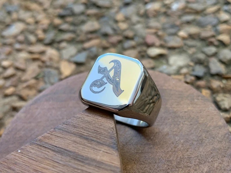 925 Sterling Silver Custom Initial Signet Ring – Personalized Engraved Letter Ri