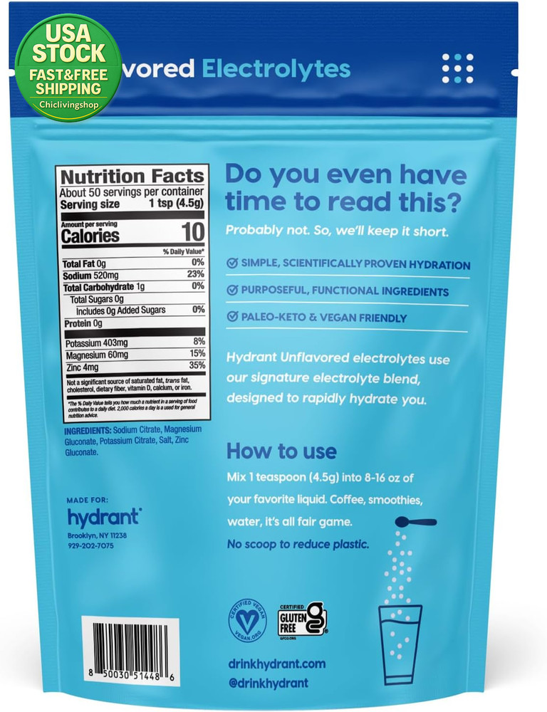 Hydration Powder Unflavored Electrolyte Rehydration Mix 50 Servings Zero Sugar