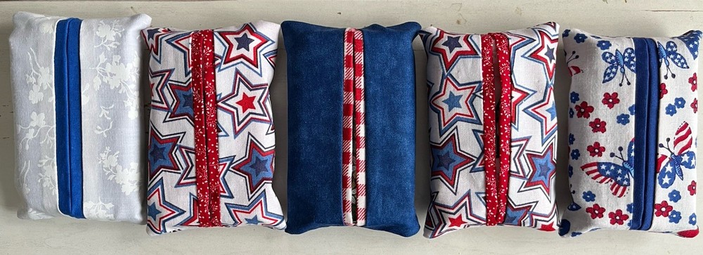 5 Patriotic Tissue Holders With Tissues. Handmade. Red White Blue