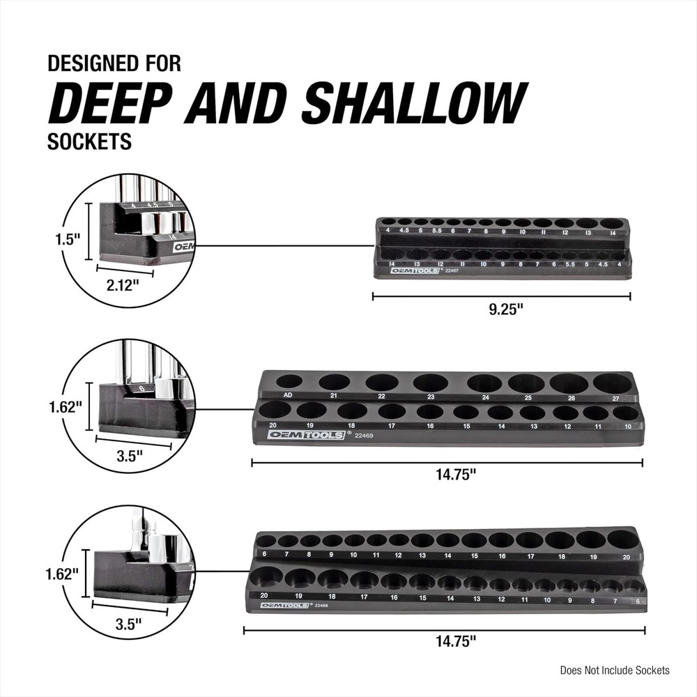 3 Piece Magnetic Socket Organizer Set for Toolboxes and Garage Storage