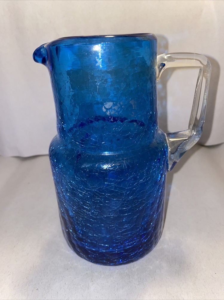 Vintage “Pilgrim” Blue Crackle Hand Blown Glass Pitcher w/ Clear Applied Handle