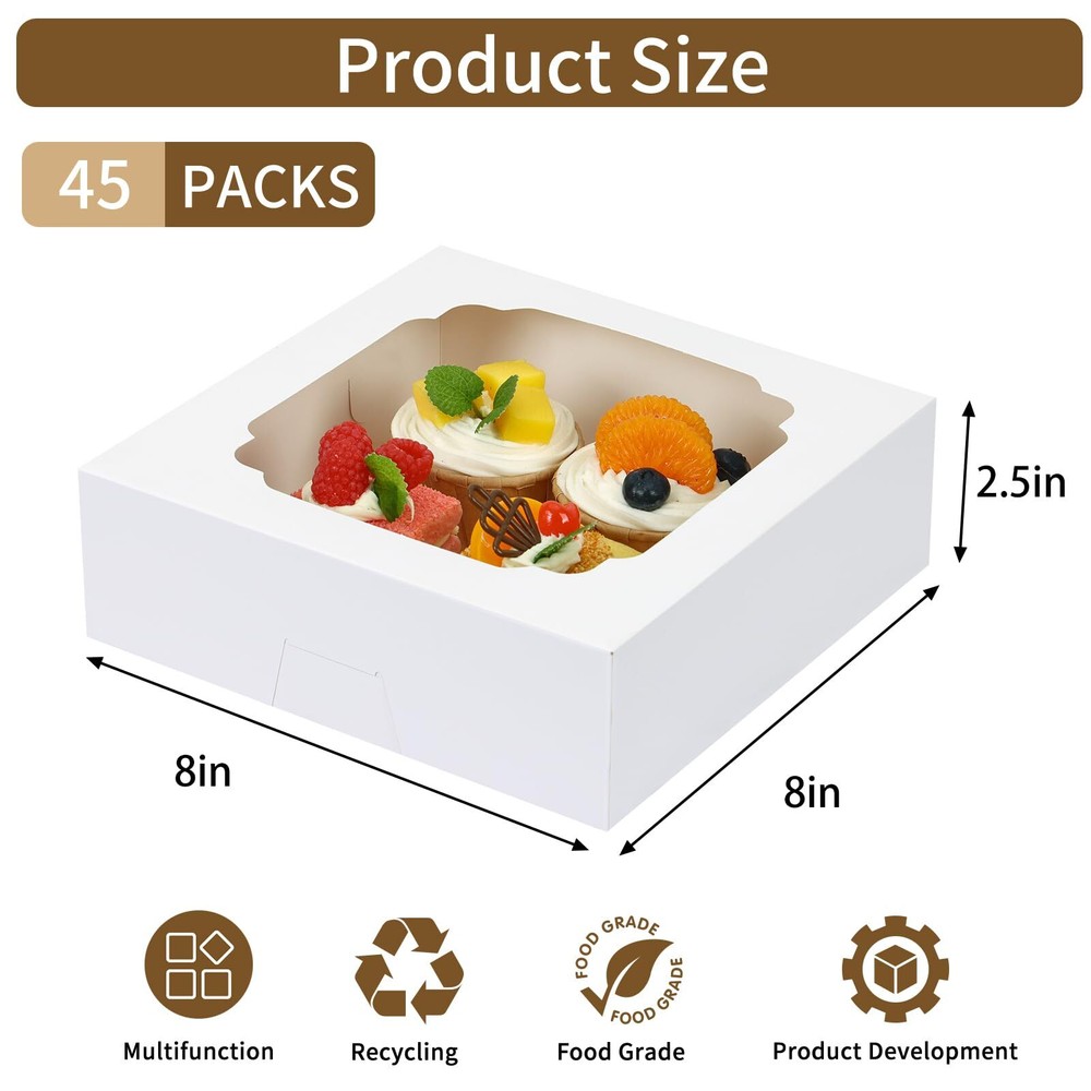 45PCS Bakery Boxes 8"x8"x2.5" Cookie Treat Boxes Window Pie Cake Container