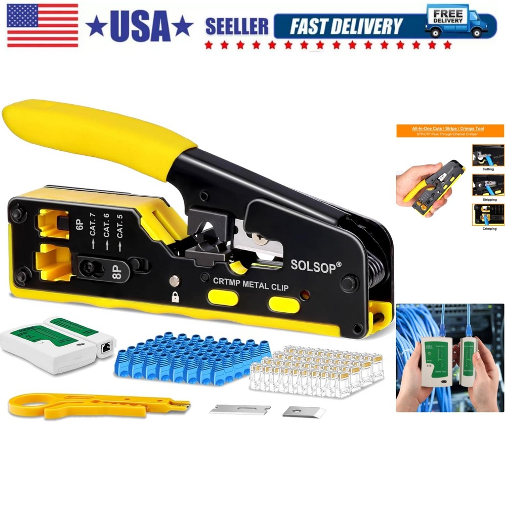 Versatile Pass Through Crimp Tool and Tester Bundle with 50 Pack RJ45 Connectors