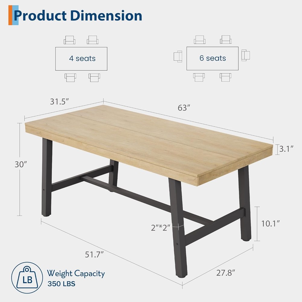 63 in Dining Table 4-6 People Industrial Rustic Wood Rectangular Kitchen Table