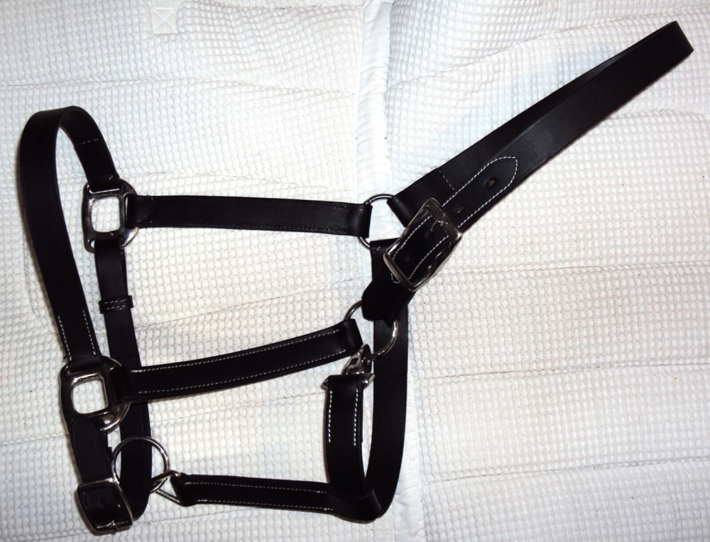 ABETTA Leather BLACK Halter- Silver Hardware/Snap - Adjustable - Full Size - NEW