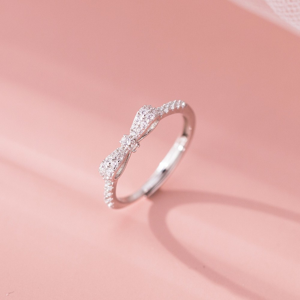 Sparkling Bow Ring in Sterling Silver Adjustable Open Stacking Knot Ring Gift