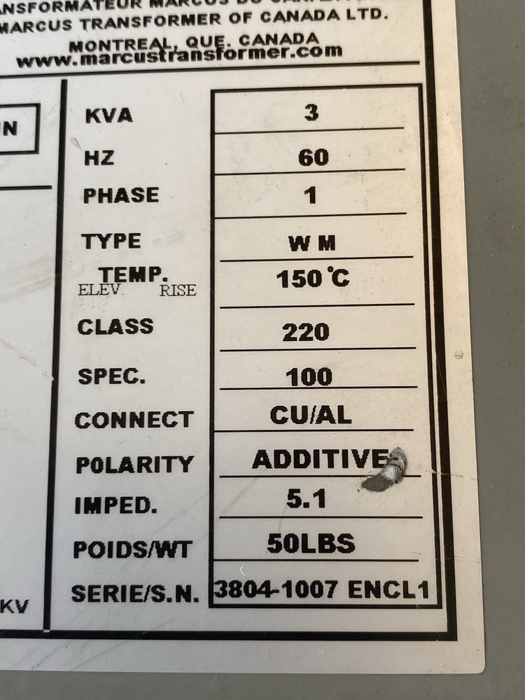 Marcus MS3B2 Transformer 3kva 480v-ac 120/240v-ac 1ph