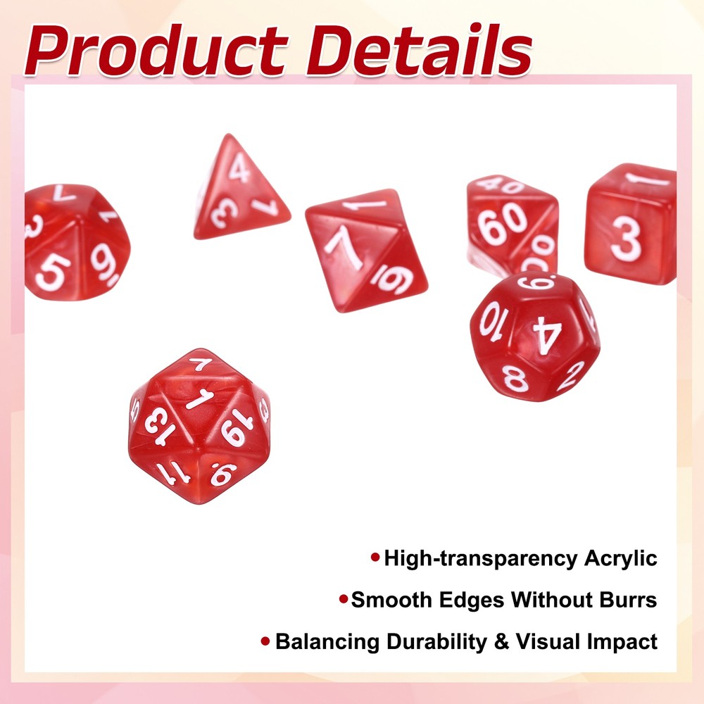 7Pcs Polyhedral Dice Set for Role Playing Games, Pearl Pattern Red