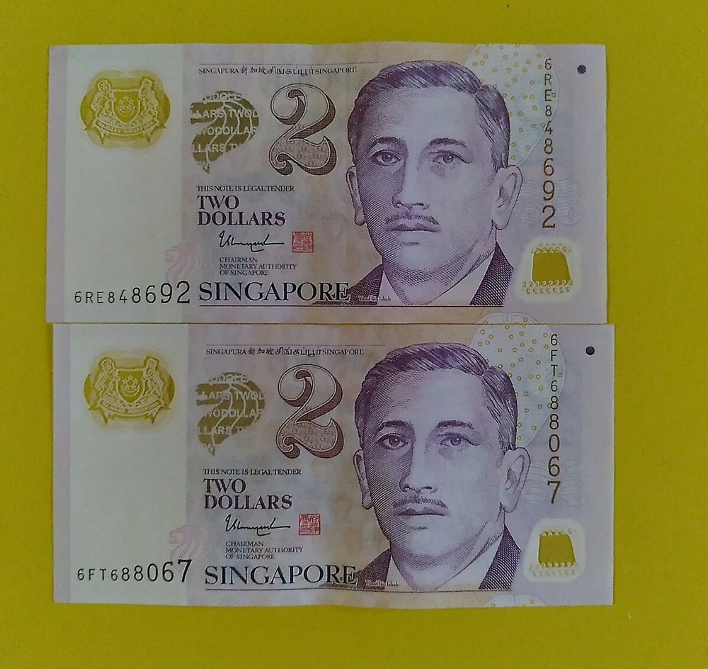1987 SINGAPORE: $2.00 BANKNOTE EDUCATION THEME 2 CONSECUTIVE UNCIRCULATED