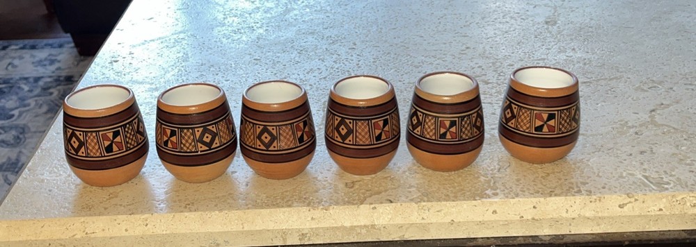 Peruvian Cusco Pottery Terracota 6 Cups Porcelain Inca Geometric Pattern Peru