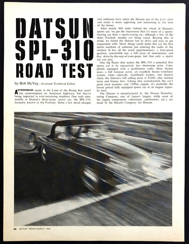 1964 Datsun SPL 310 Convertible Road Test Technical Data Review Article