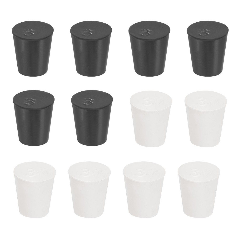 12 Pcs Solid Rubber Stopper Size 3#-23mm x 17mm - 26mm Long, Black/White