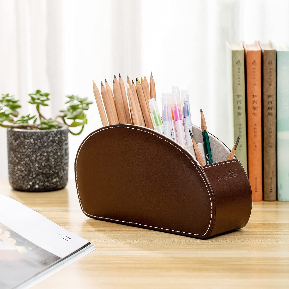 PU Leather Remote Control Holder Organizer Box with 5 Compartments Brown