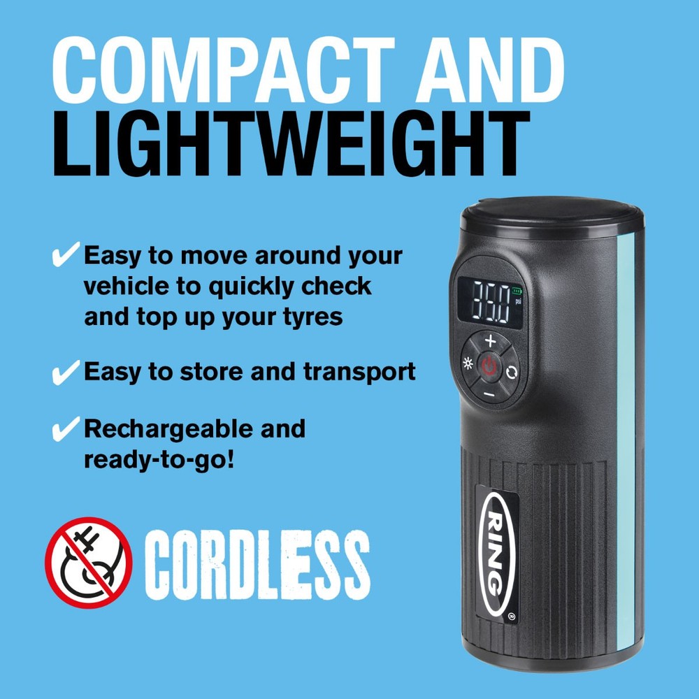 Ring Cordless Handheld Rechargeable Car Tyre Inflator Air Compressor RTC2000