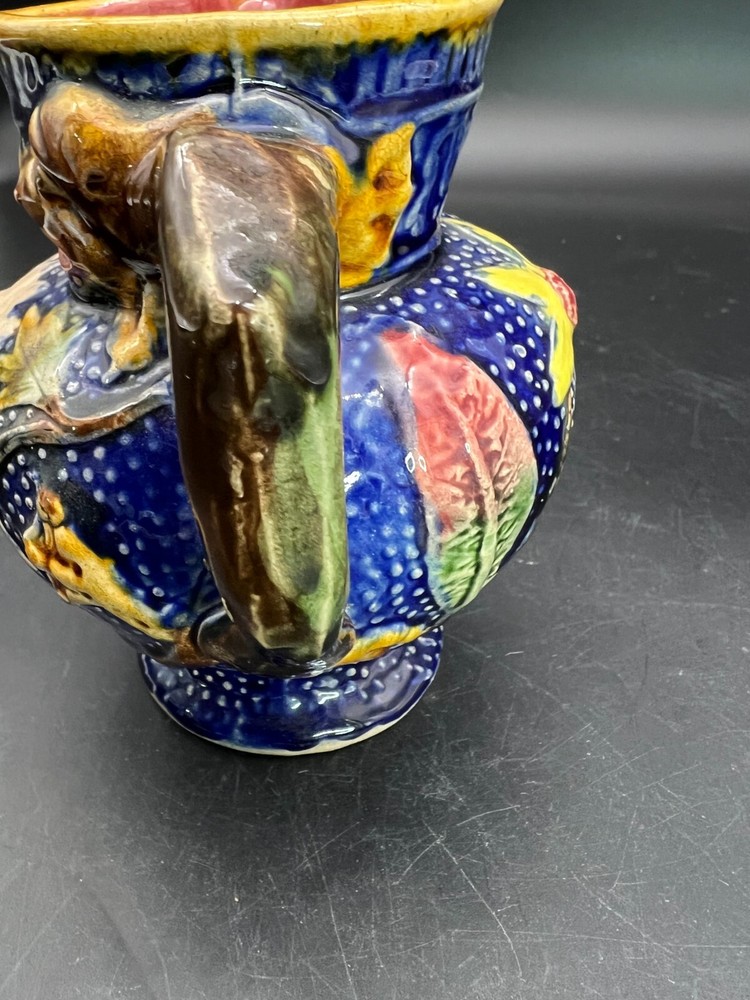 Majolica Cobalt Dragon Handle Flower Pitcher