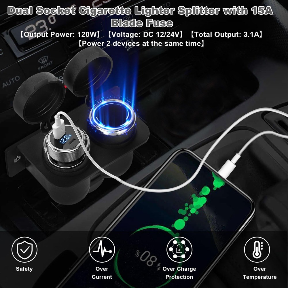 1PCS Cigarette Lighter Socket with Blade Fuse, 2-Socket Black-1P