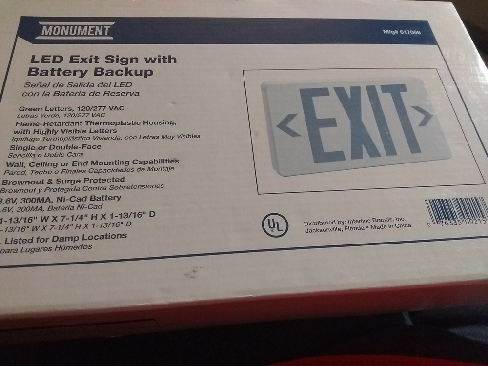Monument Brand Green Led Exit Sign Alternative Security Battery Backup 617066