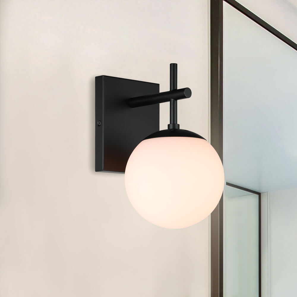Globe Wall Sconce Mid Century Black Bathroom Wall Lighting with White Glass