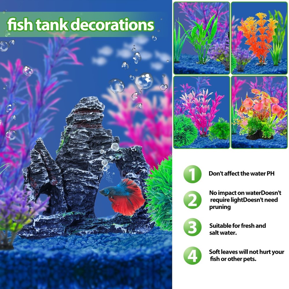 CousDUoBe 13Pcs Aquarium Plants Cave Rock Decor Set& Fish 13-pack, 13-pack
