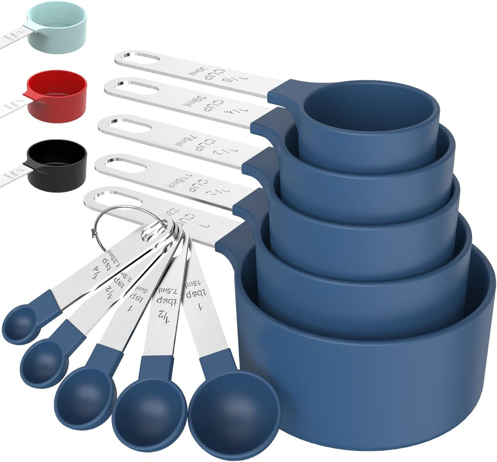 Measuring Cups & Spoons Set Stackable Nesting Stainless Steel Handle Blue