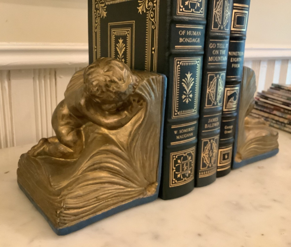 Antique Armor Bronze Cherub Putti Bookends, Signed A Johnson c1920, EUC!