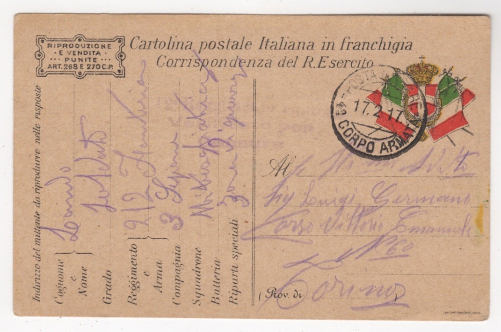 1917 Fewb 17th. Censor Postal Card. Posta Militare.