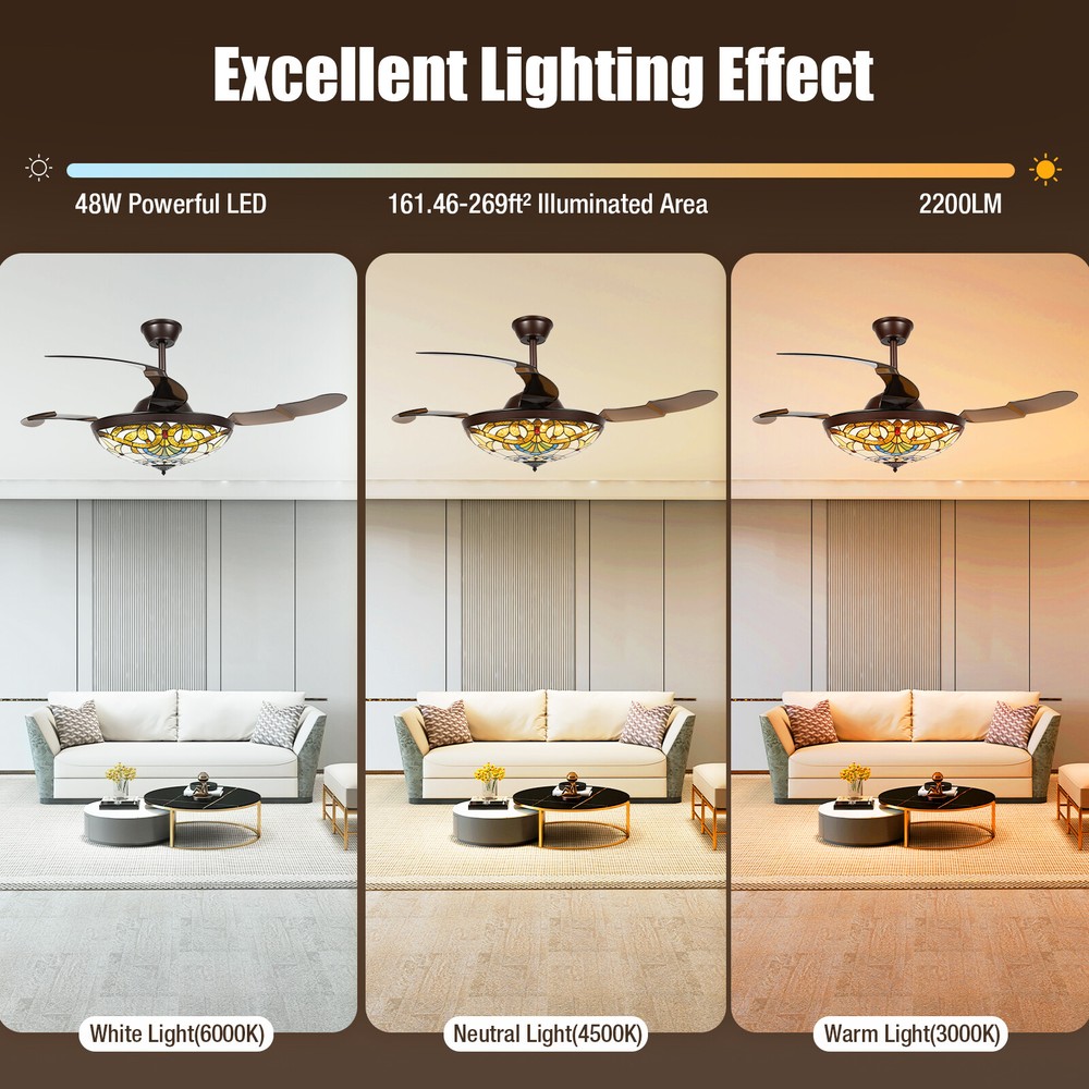 Tiffany Style 42" Chandelier Retractable Blade Ceiling Fan Light Remote Control