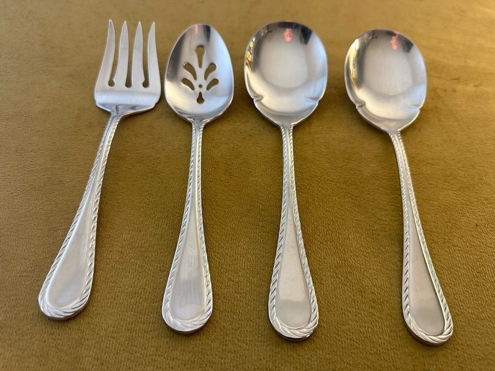 Oneida BELMONT LYONS Stainless Serving Fork  (2) Casserole Spoons+ slotted Spoon