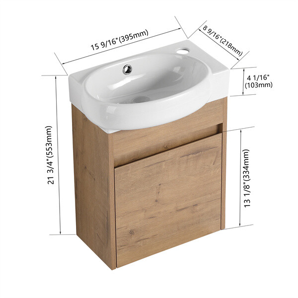 16'' Bathroom Vanity with Ceramic Sink Combo Wall Mounted Small Cabinet