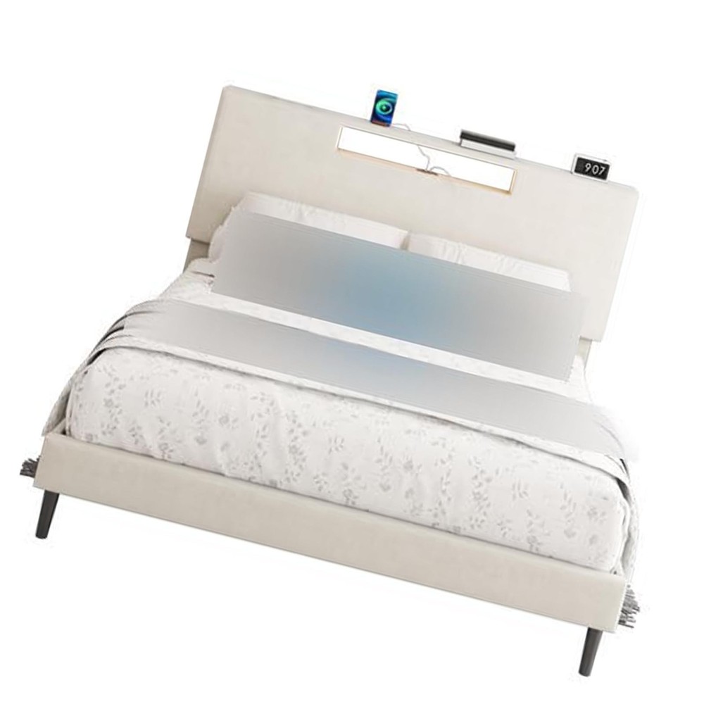 Upholstered Platform Bed Large Size Frame With LED Light And Charging Function