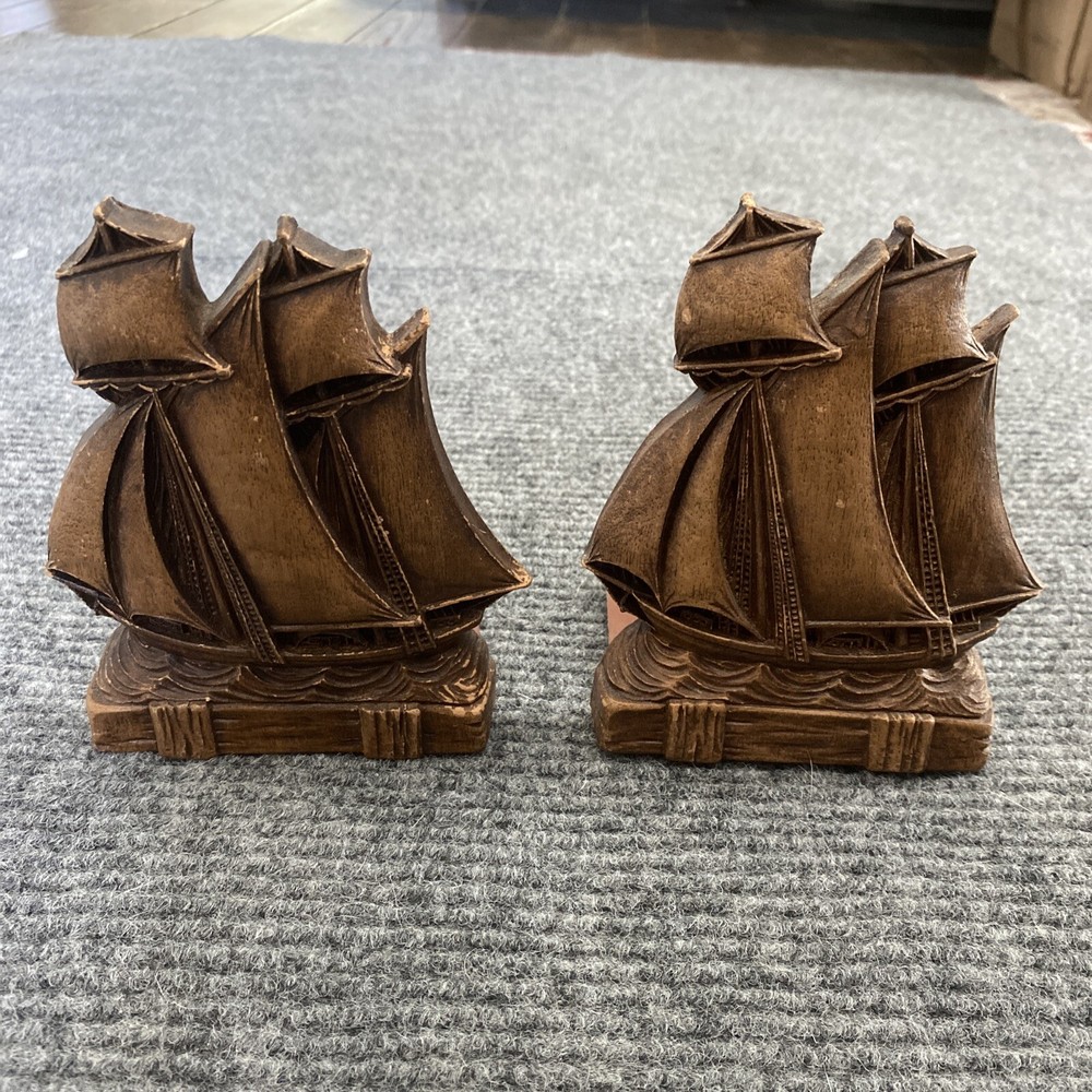 Vintage MCM Sailing Ship Wood Composite Bookends Nautical