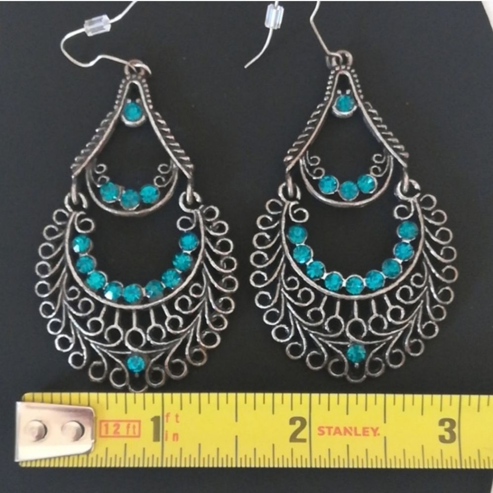 Large Boho Chic Silver Setting Blue  Rhinestones Tribal Earrings