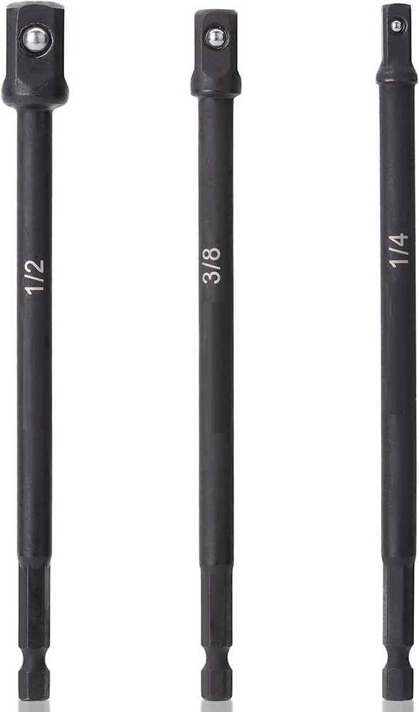 3Pcs Impact Socket Adapter Set 6" Drill Socket Adapter 1/4", 3/8",1/2" Hex Shank