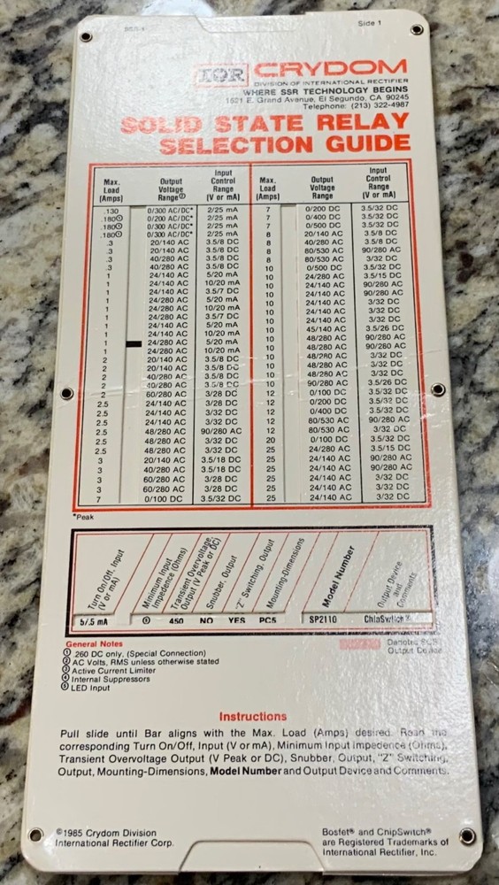 1985 Crydom Solid State Relay Selection Guide AC/DC Rectifier Vintage Slide Rule