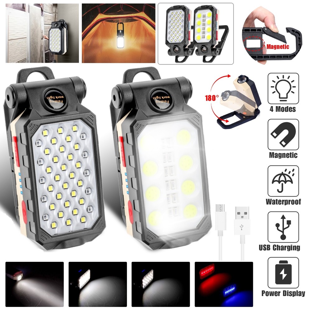 LED Work Light Flashlight Magnetic USB Rechargeable COB Camping Lamp with Hook
