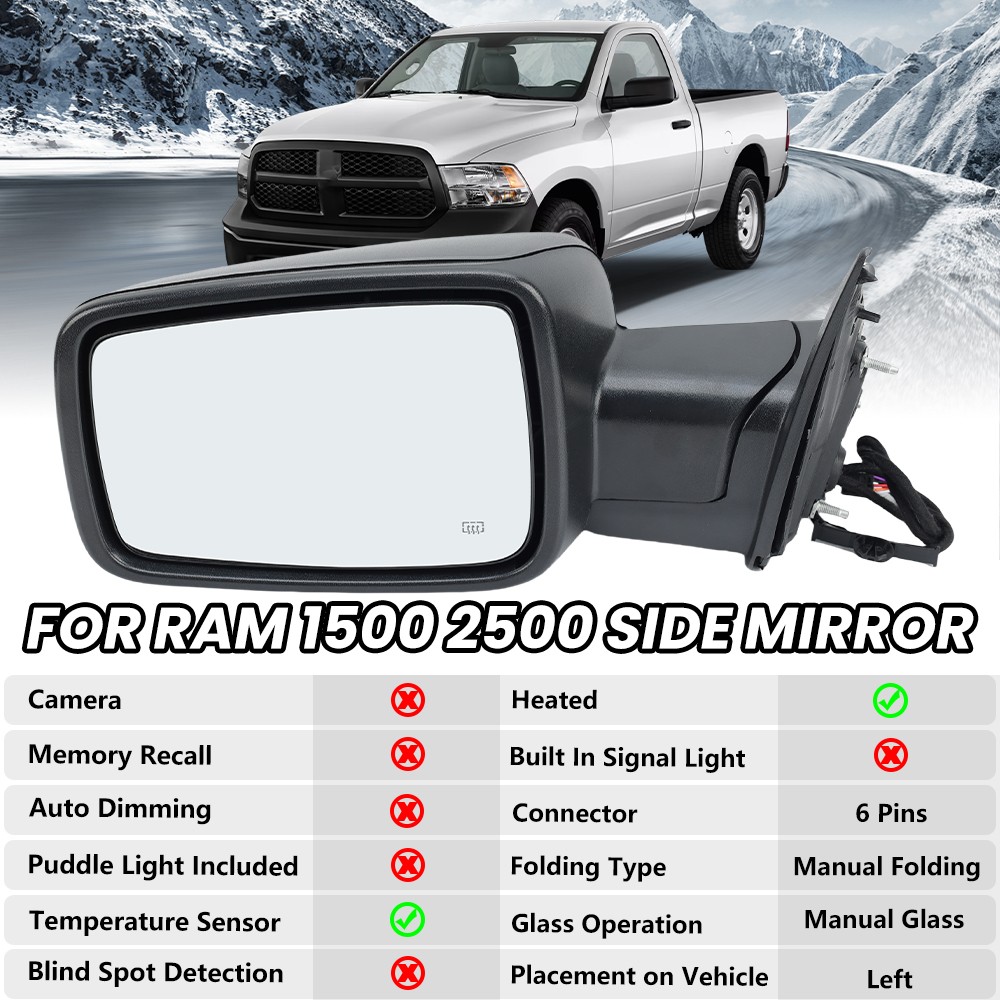Mirror Driver Left Side Heated for Ram 1500 Classic 2500 2013-2018 Manual Fold