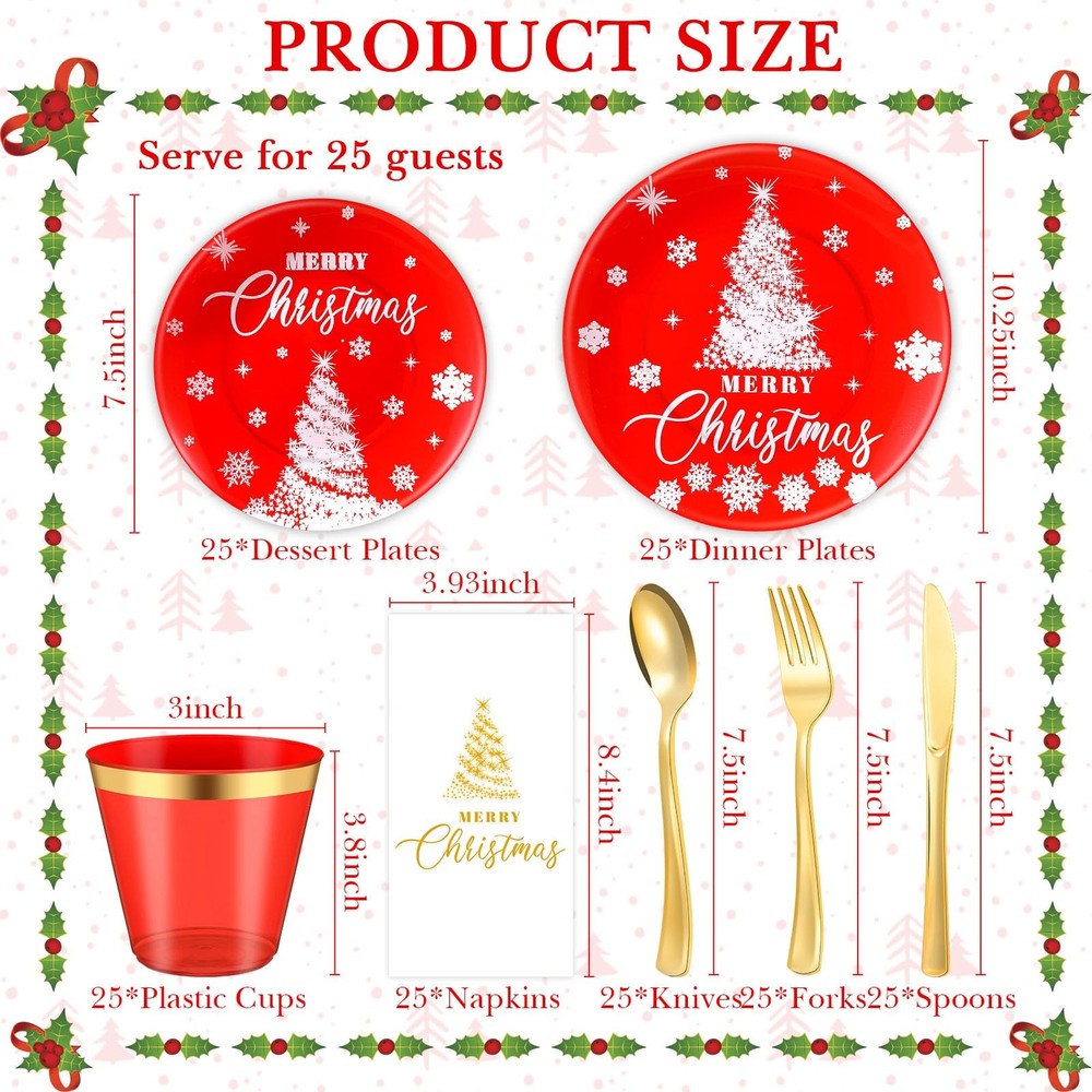 175 Pcs Christmas Plastic Dinnerware Merry Christmas Plate Set 25 Dinner Plat...