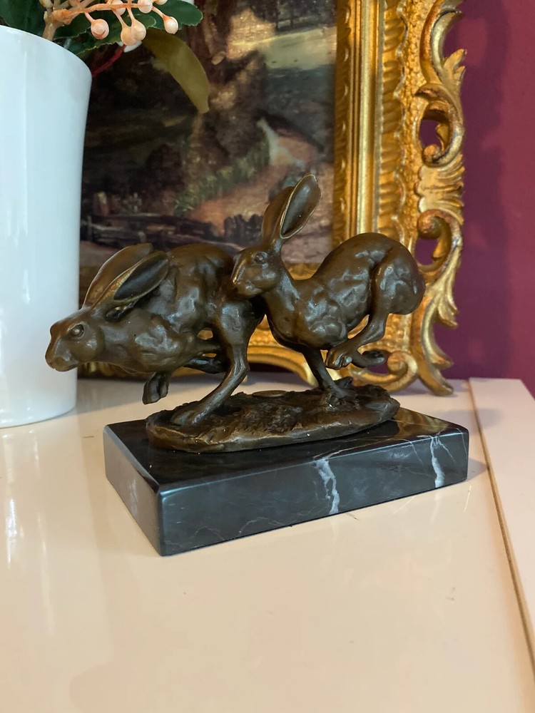 Bronze Sculpture Running Rabbits on Black Marble Base After Nick