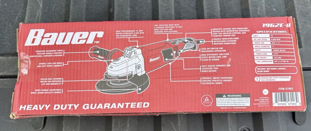 Bauer 7" Angle Grinder / 180 Rotating Body /2X More Power / Model# 1962E-B / NEW