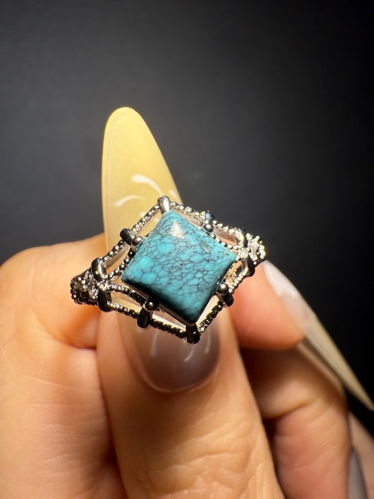 Natural Hubei Turquoise Square Ring / Silver- plated/adjustable