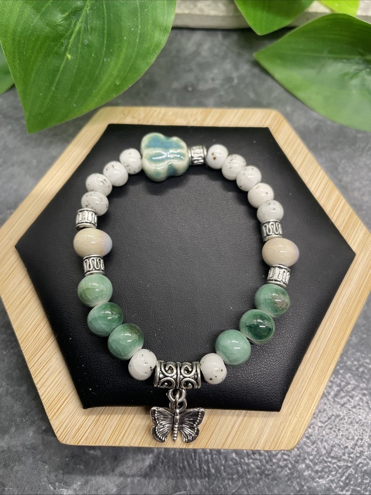 Handmade Ceramic Bead Beaded Stackable 6.5” Plus Stretch Bracelet New B287