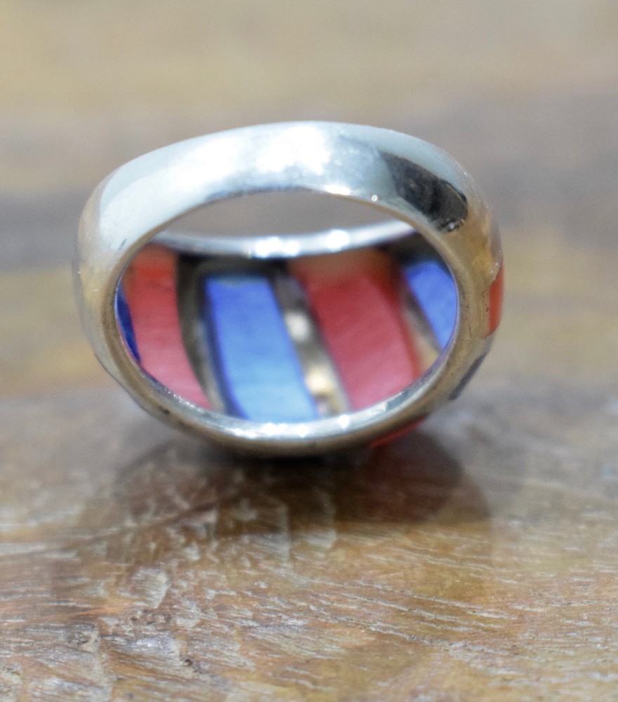 Ring Sterling Silver Red Blue Stripped Ring