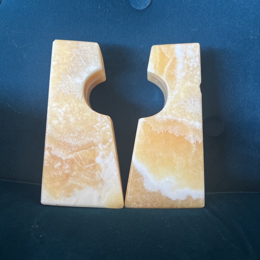 MCM Polished Marble Bookends Unique Shape Orange/black Gray Bookmatched