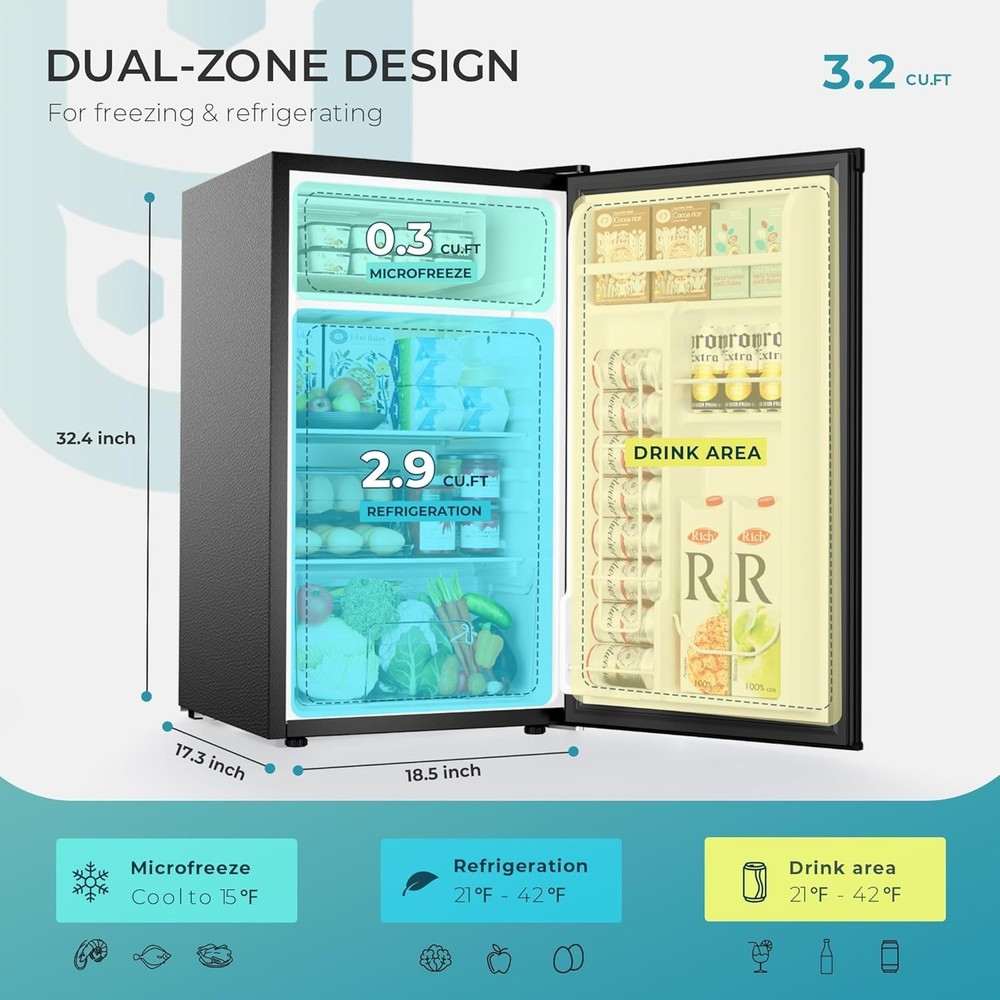 3.2 Cu.Ft Mini Fridge with Freezer, Single Door Compact Refrigerator, Adjusta...