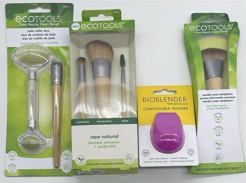 4PC Ecotools Makeup Brush & Compostable Blender & Jade Roller Duo SET ~ NEW