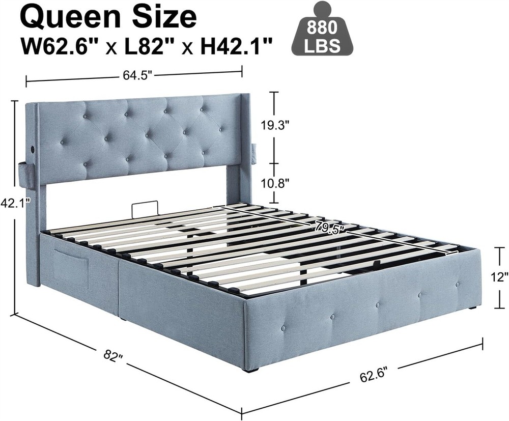 Full Size Bed Frame Upholstered Platform Bed Frame w/ Headboard and USB Ports