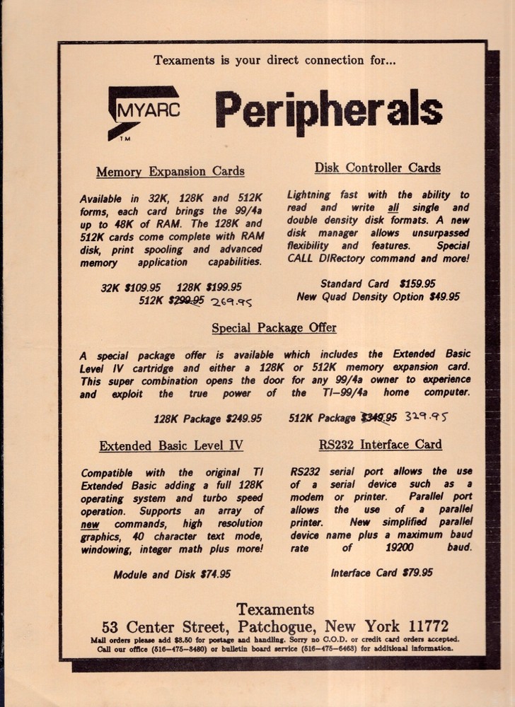 Myarc Peripherals Print Ad examents Patchogue New York